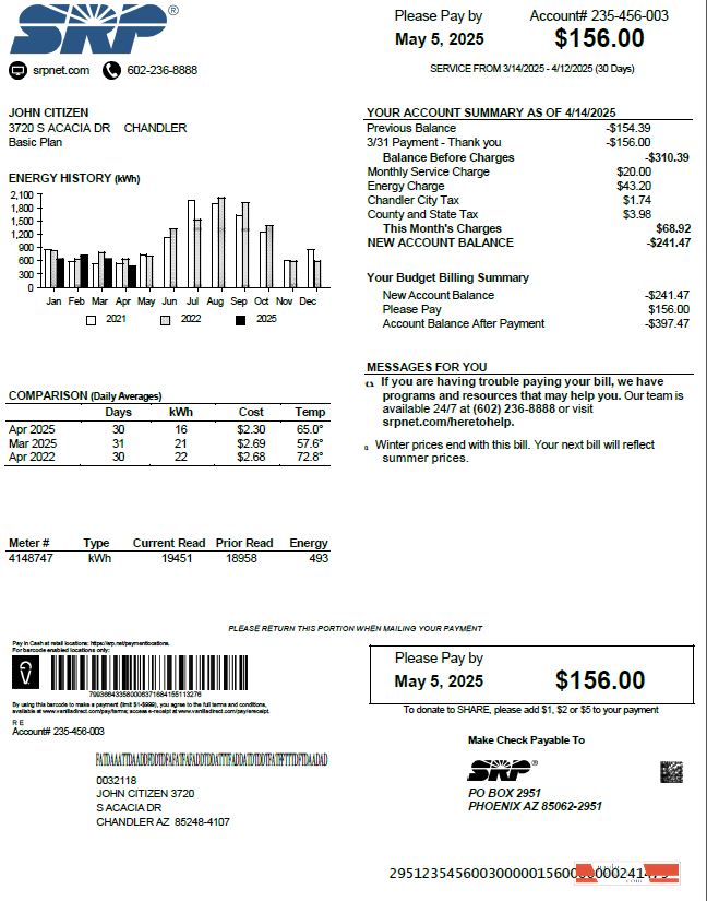 USA SRP utility bill template in Word and PDF formats
